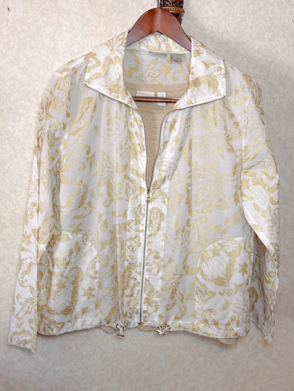 Chico’s White & Gold Damask Print Zip Jacket & Linen-Blend Shirt Set L EUC - Picture 3 of 12